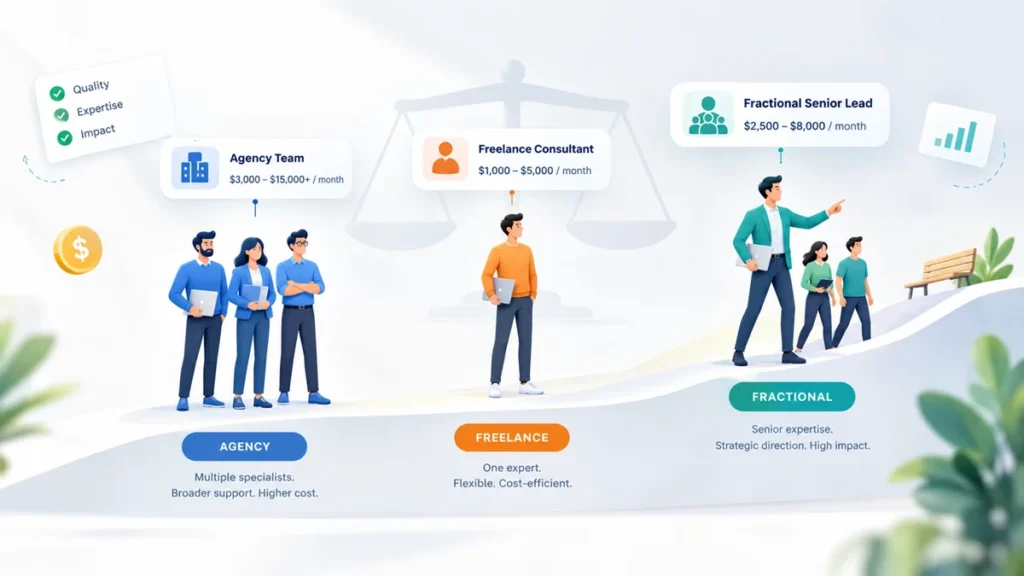Illustration comparing three SEO hiring models — an agency team, a solo freelance consultant, and a fractional senior lead — each shown with a price range card and icons on a clean background.
