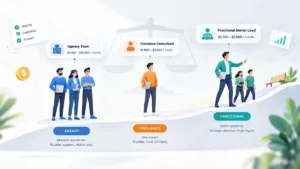 Illustration comparing three SEO hiring models — an agency team, a solo freelance consultant, and a fractional senior lead — each shown with a price range card and icons on a clean background.