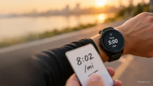 Runner's GPS watch showing pace in min/km beside a card displaying the same pace in min/mile.