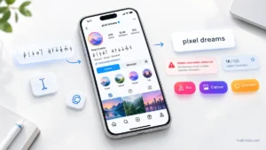 Smartphone showing stacked Unicode text in an Instagram bio, next to a plain-text version, with labels for bio, caption and comment fields.