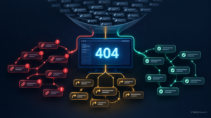 A 404 error screen with hundreds of URL nodes sorted into three buckets: fix, redirect, or leave alone.
