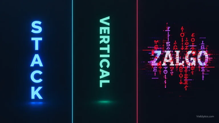 A dark, split-screen graphic comparing three text styles: neat blue stacked text, clean green vertical text, and chaotic red Zalgo text with glitch effects.