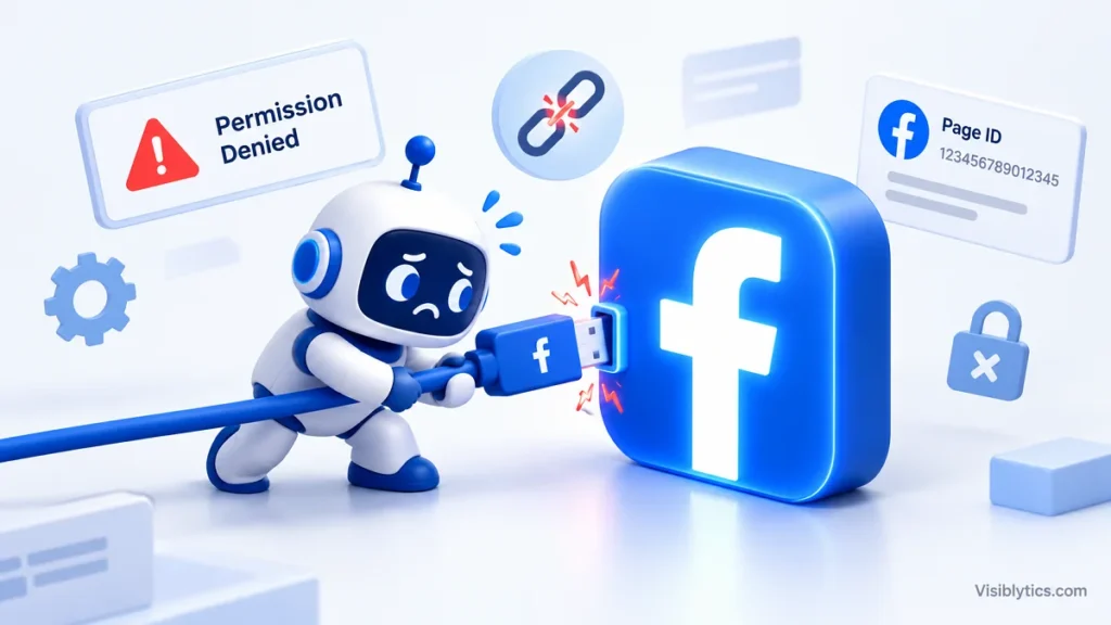 3D illustration of a chatbot robot failing to connect to a Facebook Page due to a permissions error, representing Facebook chatbot connection issues.