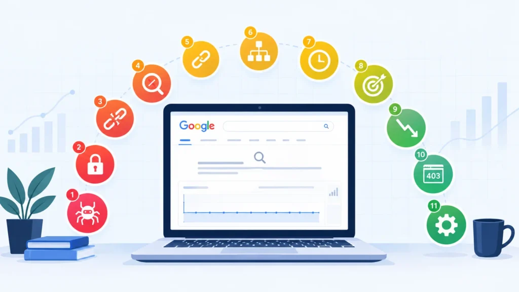 Laptop showing flatlined Google traffic surrounded by 11 color-coded SEO problem icons—crawl, index, authority and intent issues—illustrating why a website isn't ranking.