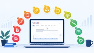 Laptop showing flatlined Google traffic surrounded by 11 color-coded SEO problem icons—crawl, index, authority and intent issues—illustrating why a website isn't ranking.