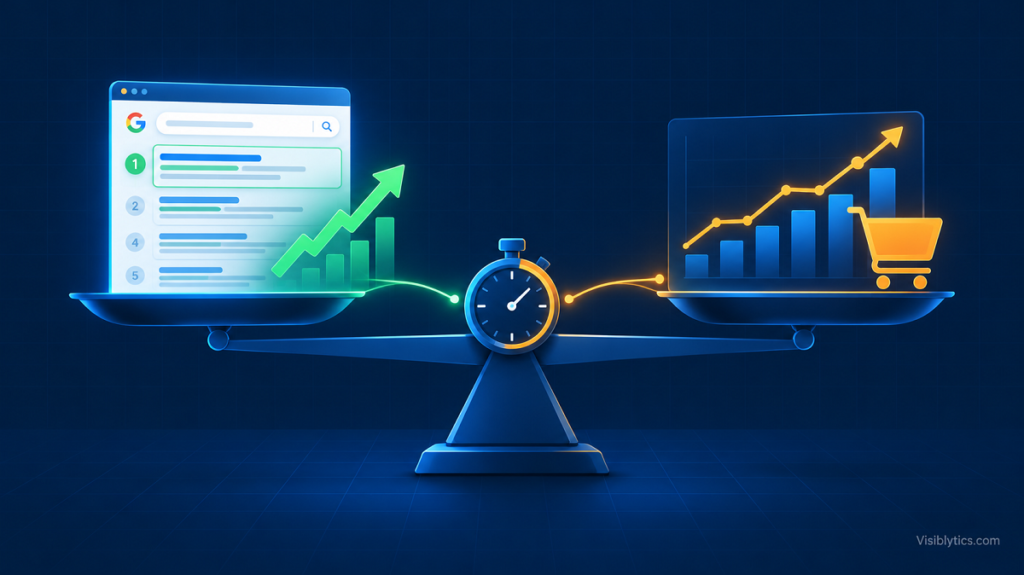 Balance scale linking site speed to Google rankings on one side and rising revenue on the other