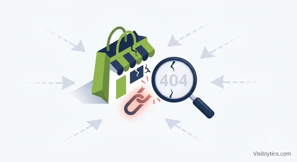 3D isometric illustration of a broken Shopify shopping bag link with a magnifying glass revealing a 404 error code and faded dashed arrows indicating a missing referrer source.