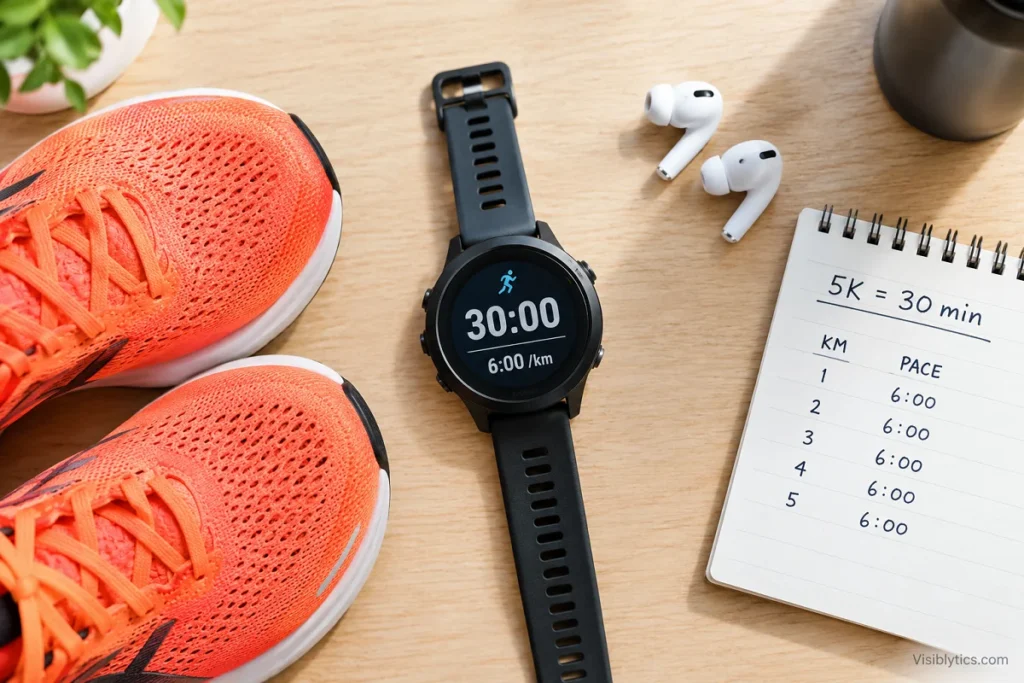 Flat lay of running gear with a GPS watch showing a 6:00 per km pace and a notepad displaying a 30 minute 5K goal, illustrating the pace needed to run a 5K in 30 minutes.