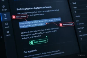 Macro shot of a computer screen with a glowing HUD overlay marking low contrast and poor line height as causes of hard-to-read website text in dark mode.