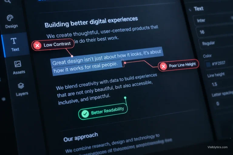 Macro shot of a computer screen with a glowing HUD overlay marking low contrast and poor line height as causes of hard-to-read website text in dark mode.