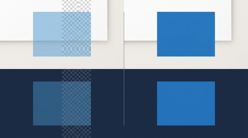 Split comparison showing a translucent RGBA blue appearing different on white and dark backgrounds versus a solid HEX blue looking identical on both, illustrating why RGBA and HEX colors mismatch