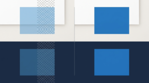 Split comparison showing a translucent RGBA blue appearing different on white and dark backgrounds versus a solid HEX blue looking identical on both, illustrating why RGBA and HEX colors mismatch